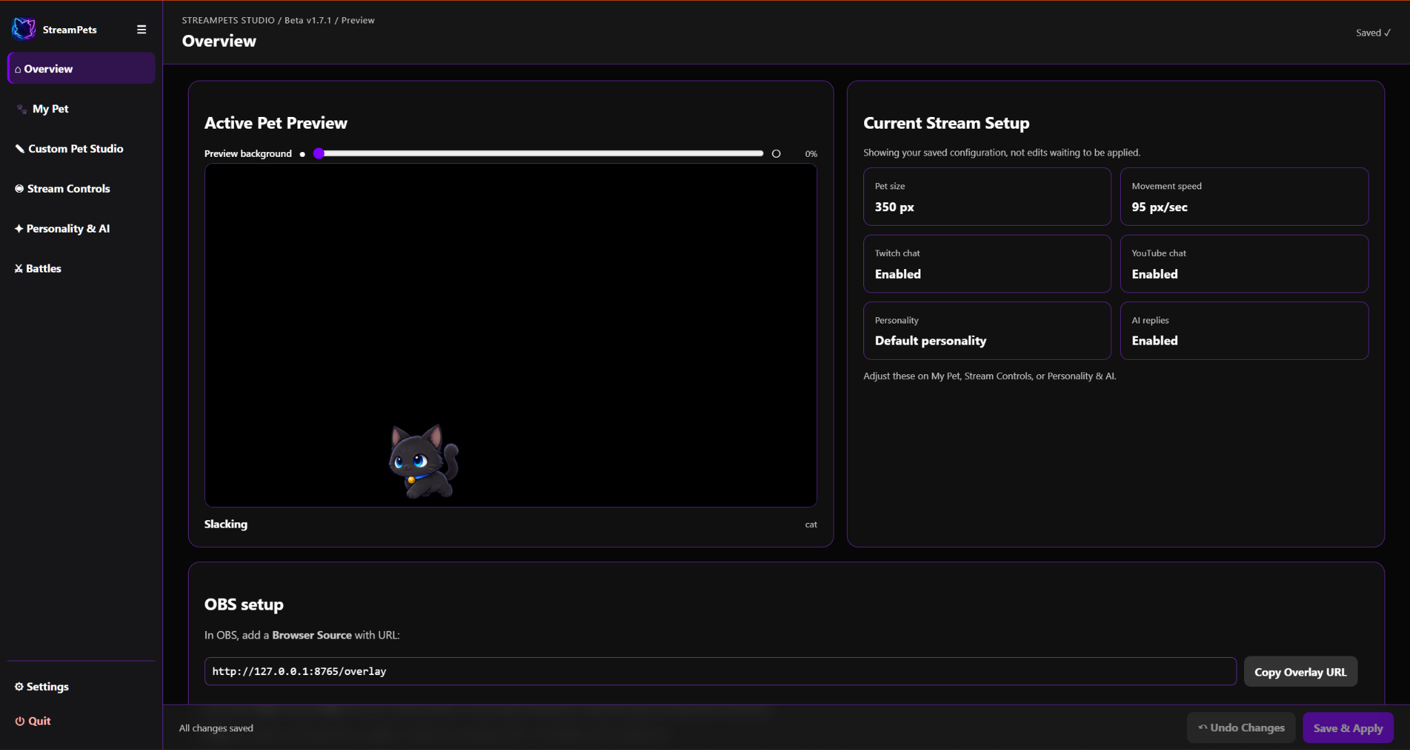 Actual StreamPets Beta v1.7.1 overview with a black cat in the active pet preview